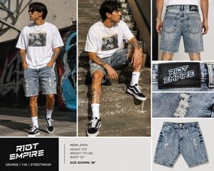 Riot Empire Men's 38 Distressed Denim Shorts Grunge Y2K Streetwear Acid Wash